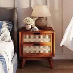 Mukund Craft House 2-Drawer Nightstand, Woven Cane Front, Wooden Side Table with Brass Knobs-image-13
