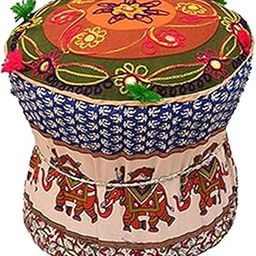 Ayodhya Art Decor Decorative Round Ottoman Pouf, Bohemian Floral and Elephant Pattern, Traditional Indian Style (1, Multi - 3)-image-36