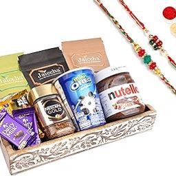 Jaiccha Ghasitaram Rakhi Gifts for Brothers Wooden Serving Tray of 10 Goodies with 2 Rakhis-image-11