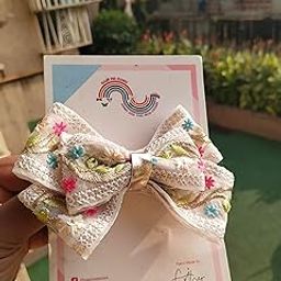 Rainmebows Handmade Floral Embroidered Lace Hair Bow, White with Multi-Colour Flowers-image-74