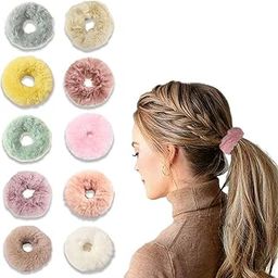 Fancy Stylish Spongy Hair Rubber Bands Hair Scrunchie Elastic Ponytail Holder Fluffy Faux Artificial Rope Fur Hair Ties for Women Hair Accessories for Kids Girls Women (Multicolor) - Set of 10-3