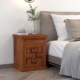 CARVING CUSTOMS Wooden Bedside Table with Drawer and Cabinet | Niwar Bedside | Honey Finish-23