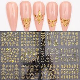 S.A.V.I 12 Sheet Set 3D Self-Adhesive Gold Flower Leaf Chain Lace Nail Art Stickers-19