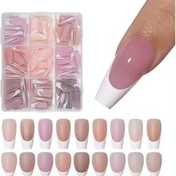 Rubyface 216Pcs White French Tip Press on Nails Coffin Shape Fake Nails, Artificial Nail Extensions Combo in 9 Colors, Full Cover Glossy Nude False Acrylic Nail for Women Girls Nail Design-image-39