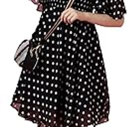 Women's Fit and Flare Polka Print Georgette Flared Sleeve Casual Dress-image-1
