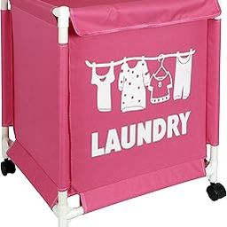 HOKIPO Oxford Fabric Laundry Basket With Wheels | Laundry Hamper with Lid Cover | Rolling Laundry Clothes Basket Trolley, 60x44x44 cm, Pink, Pack of 1 (AR3709)-image-7
