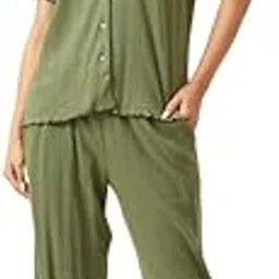 clovia Women's Cotton Solid Shirt & Pyjama Set in Dark Green Colour-picture-0