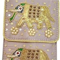 Avanti Creation Women's PearlSilk Saree Mobile Pouch Waist Clip Ladies Purse Gift Designer Pearl Beads Studded Handmade Mobile Pouch with Elephant Embroidery (Purple)-image-59