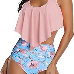 Printed Swimsuit, High Waisted Tankini Back Tie Bikini Bottoms for Pool (M) Pink-picture-3