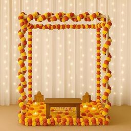 Abhaas Pooja Decoration DIY Mandap Tent Pandal with 5Pcs Marigold Garlands for Ganesh Chaturthi Home Decor Cubical Mandap | Ganesh Chaturthi/Durga Pooja (25Pcs) (Mix (Yellow+Orange), 16Inch Cube)-image-78