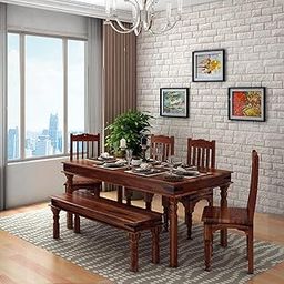 WOODLAB Sheesham Wood Dining Table Set with 4 Chair and 1 Bench Dining Room Furniture Wooden 6 Seater Dinner Table for Living Room Hotels Restaurants (Natural Finish)-image-49