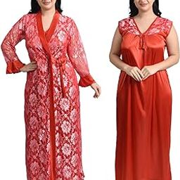 Satin Solid Maxi Nighties Set for Women Nightwear Nighty with Sleep Robe for Women, Red-picture-20