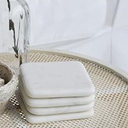 Marble Coffee/Tea/Wine/Cocktail/Beer/Glass Cup Coasters White Set of 4 pcs Square Shape Stone Coasters for Home, Kitchen, Office | 9x9 cm-29