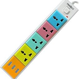 FRONTECH Power Connector - 3 USB Ports | 4 Universal Sockets| 1.5 Meter Cable| 1 Soft Touch Switch| Fuse Protection | LED Indicator - Equal Power Distribution, (3540- Multicolor)-32