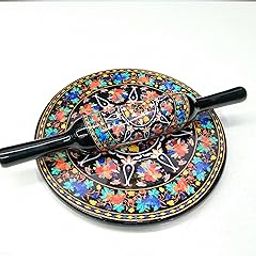 Printed White Marble Roti Maker with Wooden Belan Enamel Print/White Marble Chakla 10 Inch Diameter with Belan (Printed Enamel Chakla Belan) (Black Multicolour)-image-108