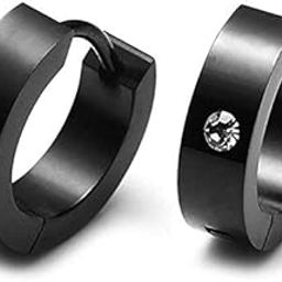 Crystal Studded Stainless Steel Black Hoops Earrings for Men | Women-image-1