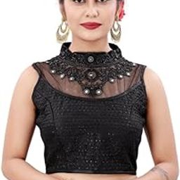 Women's Stand Collar Readymade Silk Embroided Sleeveless Padded Saree Blouse with Elegant Design | Stylish Comfortable Fancy Blouse for Lehanga/Saree (Free Size)(Black)-picture-9
