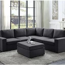 Sweden Premium Fabric Sofa 6 Seater for Living Room with Ottoman (Dark Grey) | L Shape Sofa Set 6 Seater with Ottoman | Hall Bedroom Furniture Festival Gifts-image-42