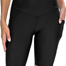 Swim Shorts Women Tummy Control Long Board Shorts Bathing Suit Shorts Cross High Waisted Swimsuit Bottoms, Black, X-Large-image-57