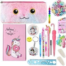 Krisus 18pcs Unicorn Stationery Set for Girls, A5 Size Diary, Fur Pouch Pen, Pencil Eraser, Paper Soap, Eraser, Rubber, clips, color. badge, keychain Birthday Gift, unicorns Rakhi Gift for Sisters-image-94