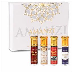 AMANZI Taj Combo Set – Non-Alcoholic Roll-On Attar Perfume Collection for Men & Women, Long-Lasting Fragrance Gift Hamper, Perfect For Special Occasions - Choco Musk, White Oud, Jannat Ul Firdaus, Mukhallat-8