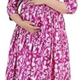 Women's Cotton Nursing Maternity Dress, Long A-Line, Pre-Post Pregnancy Wear (in, Alpha, 3XL, Regular, 54-Pink Zig ZAG-DR)-image-13