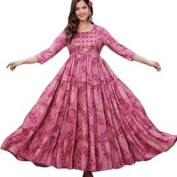 Women's Viscose Rayon 3/4 Sleeves Round Neck Printed Anarkali Gown-12