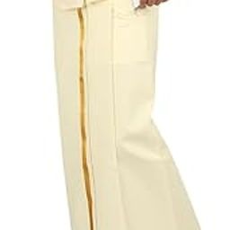 All Size Adjustable Mens traditional Velcro Cream Cotton Pocket Dhoti with Gold Zari Border (28 to 44 Inches)-38
