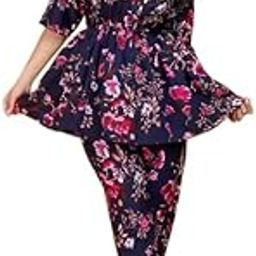 Women's Floral Print Pyjama Set, Burgundy Red, Short Sleeve Top with Ankle Length Pants-image-50