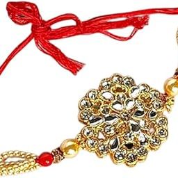 Traditional Rakhi Bracelet with Gold-Toned Beads, Stones and Thread.-image-80