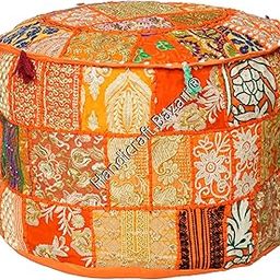 12 Inch Ottoman Pouf Cotton Embroidery Handmade Bean Bag Vintage Round Patchwork Tassels Foot Stool Pouf-image-5