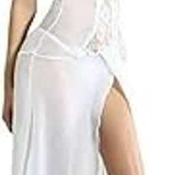 Women`s Sheer Net Lace Polyester Solid Plain Slip Babydoll Lingerie Deep V Neck Long Night Gowns Dress with G-String Panty Combo Pack of 3 S-3XL-picture-16