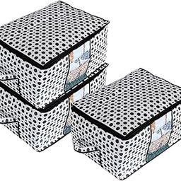 Kuber Industries Non-Woven Polka Dots Underbed Storage Bag|Non-Woven Comforter, Blanket Cover|Premium Zipper With Side Handles|Multi-Purpose Storage Organiser|Pack Of 3 (Black & White)-74