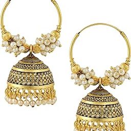 Traditional Wedding Temple 22kt Gold oxidised Meenakari Ethnic Antique South Indian Round Pearl Moti Hoop Peacock Bali Jhumkas Jhumka jhumki Earrings set Ear rings For Women girls Ladies -M627-46