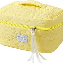 FunBlast Makeup Bag Travel Cosmetic Bag Cute Cotton Toiletry Bag Quilted Flower Organizer Bag Large Capacity Handheld Portable Storage Zipper Purse for Women (Light Yellow)-image-55
