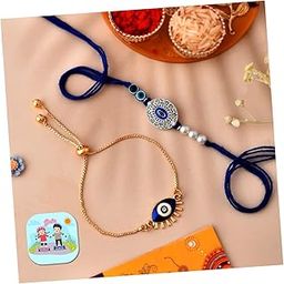 CraftVatika Bhaiya Bhabhi Evil Eye Rakhi Magnet Combo Set for Brother Designer Rakhi for Unisex Adult Rakshabandhan Bracelet Rakhi Evil Eye Hand Rakhi Set Rakhi with Fridge Magnet Gift Combo-10