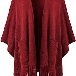 Women's Shawl Wraps with Pockets Open Front Fringe Poncho Cozy Knit Lightweight Cardigan Sweater-image-17