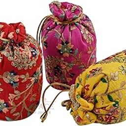 Jaipur Ace Ethnic Golden Rajasthani Potli Bag, Batwa, Floral Embroidery potli for Ladies Gift for Women Handbags Traditional Indian Wristlet with Drawstring Ethnic Embroidery Women Fashion (Pack of 3)-image-97