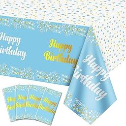 AMFIN 54 x 72 Inch Happy Birthday Printed Metallic Foil Disposable Table Cover, Tablecloth for Party, Birthday Decoration. Waterproof, Shiny Finish - Blue [Pack of 1]-26