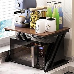 Everline 22700 Z Series (2-Layer) Microwave Stand, Kitchen Platform Oven Stand Rack, Toaster Organizer with Storage Shelf Metal and Wood (Walnut Brown with Black Frame)-28