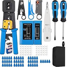 BUYFLUX Crimping Tool, RJ45 Wire Cutter, Tool Kit, Cat5 Cat5e Cat6, 50PCS RJ45 Cat6 Pass Through Connectors, 50PCS Covers, Network Cable Tester, Wire Punch Down Cutter, Battery,Pass Through Tool kit-13