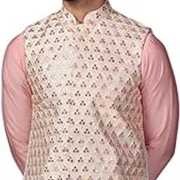 Men's Nehru Jacket, Multi Silk Blend, Embellished Regular Fit Mandarin Collar Sleeveless-49