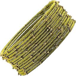 Olive Green Color Silk Thread Metal Bangle (12pc/1Doz) with Studded Ball Chain Pearl Chudi for Women & Girls - Pack of 1-image-0
