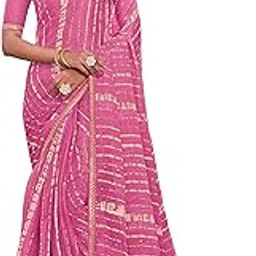 Women's Stripe Printed Chiffon Saree in Pink Color with unstitched Blouse Material - Suitable For All Indian Occasions and Festivals-image-0