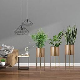 Leafypets Modern Metal Floor Flower Planter with Gold Stands for Living Room, Bedroom, Home décor, Display Tall Indoor Plant Stand with Planter Pot Set of 3 Gold.-17