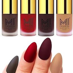 MI FASHION Highly Pigmented Velvet Matte Nail Paint Set Effortless Matte Top Colour 9.9mlCoffee, Tomato Red, Wine, Nude (Pack Of-4)-56