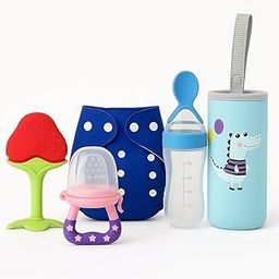 Joy Buzz Baby Cloth Resuable Diaper With 1 insert , Food and Fruit Feeder & Silicone Fruit Shape Stand Teether With Feeding Bottle Cover Sleeves Suitable For 120ml 220ml 240ml Multicolor Pack of 5 (MULTICOLOR 1)-image-92