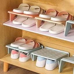 CASITA HOME ARTS Plastic Shoe Organizer Stand Space Saver Shoe Storage Rack Double Layer Free Standing Shoe Slipper Stacker Shelf (SET OF 4, MULTICOLOR)-picture-1