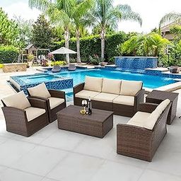 MJA FURNITURE Patio Outdoor Sofa for Balcony, Garden, Terrace 7 Seater | Weather Resistant Rattan & Wicker Sofa Set with Ottoman & Side Table | 7 Seater Outdoor Sofa (Cream)-image-92