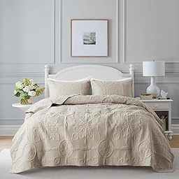 Damask Quilt King Size Bedding Sets with Pillow Shams, Boho Lightweight Soft Bedspread Coverlet, Beige Quilted Blanket Thin Comforter Bed Cover for All Season Spring Summer, 3 Pieces, 104x90 inches-image-49